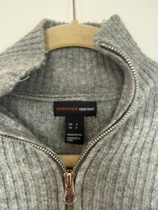 Ambiance Apparel Grey Ribbed Quarter Zip Sweater Cozy Minimalist Knit - Picture 3 of 7